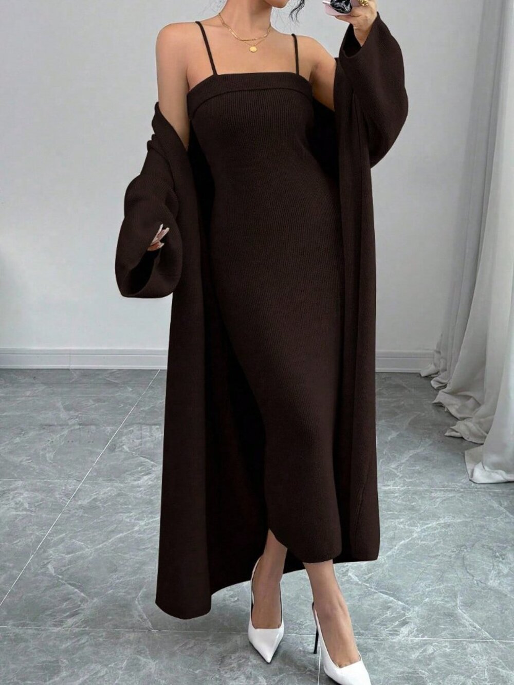 Brown Casual Minimalist Women's Spaghetti Strap knit Dress & cardigan set - Picture 6 of 8